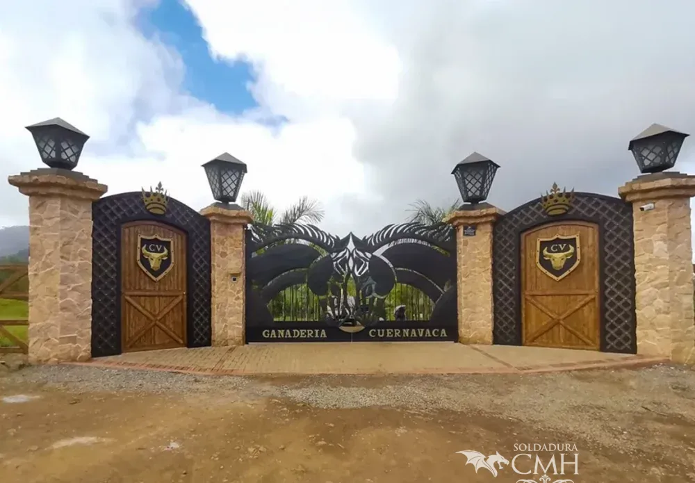 Custom residential gate featuring artistic design, natural stone, and premium finishes